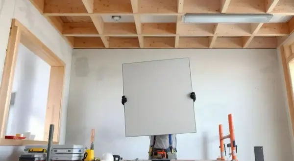 Un ouvrier sur un échafaudage s'apprête à poser une plaque pour faire un faux plafond. La structure en bois est visible.