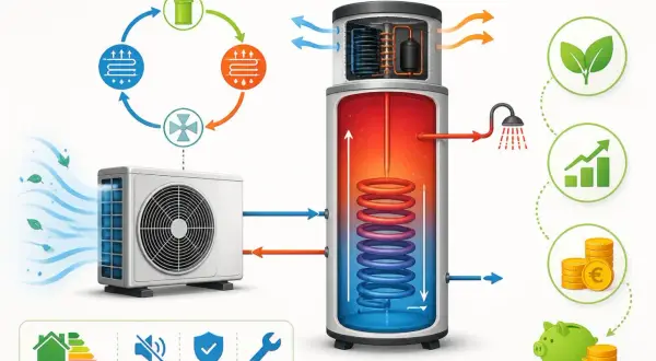 Schéma d'un chauffe-eau thermodynamique montrant son fonctionnement et ses avantages : économie, écologie, confort. La durée de vie de cet appareil est optimisée par sa conception.