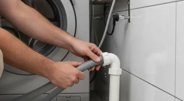 Mains de personne effectuant le branchement machine à laver, connectant le tuyau gris à un raccord blanc sur un tuyau d'évacuation vertical.