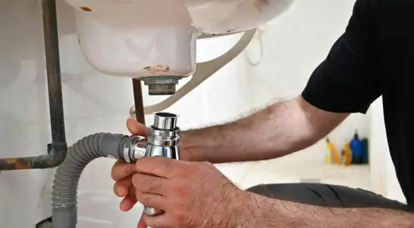 Main tenant en main le siphon, il procède au démontage du siphon de la baignoire pour une réparation.