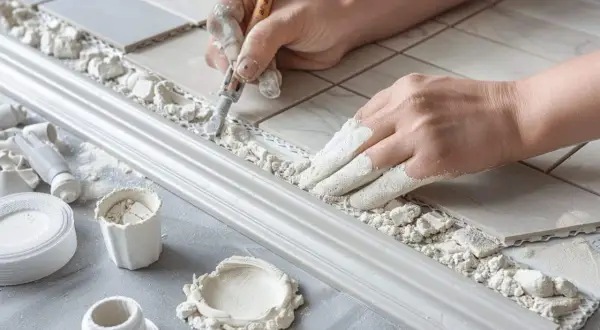 Mains gantées de poudre, on applique le joint plinthe carrelage avec soin. Outils et matériaux à portée de main pour un travail de précision.