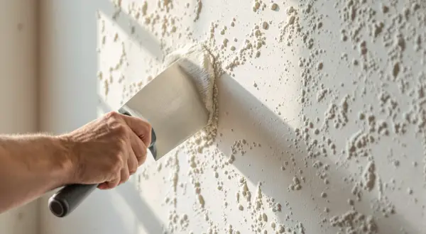 Main d'un artisan appliquant un crépi au rouleau sur un mur texturé. La lumière du soleil crée des ombres sur la surface.