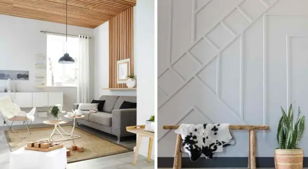 Idées pour comment habiller un mur avec des tasseaux : un plafond en bois et un mur décoratif géométrique.