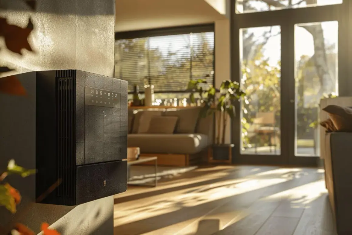 Un radiateur basse consommation noir, design et discret, diffuse une douce chaleur dans un salon lumineux.