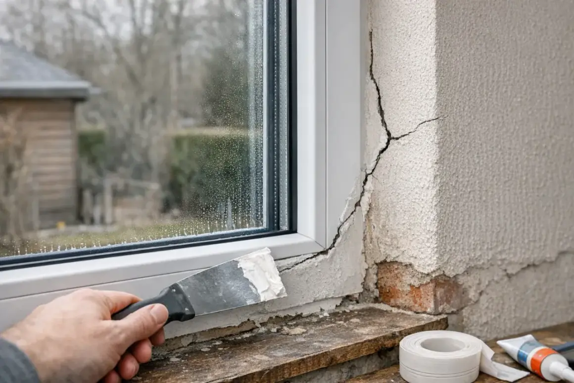 Réparation d'une fissure près d'une placo fenêtre avec une spatule. Le crépi s'effrite, révélant la brique.