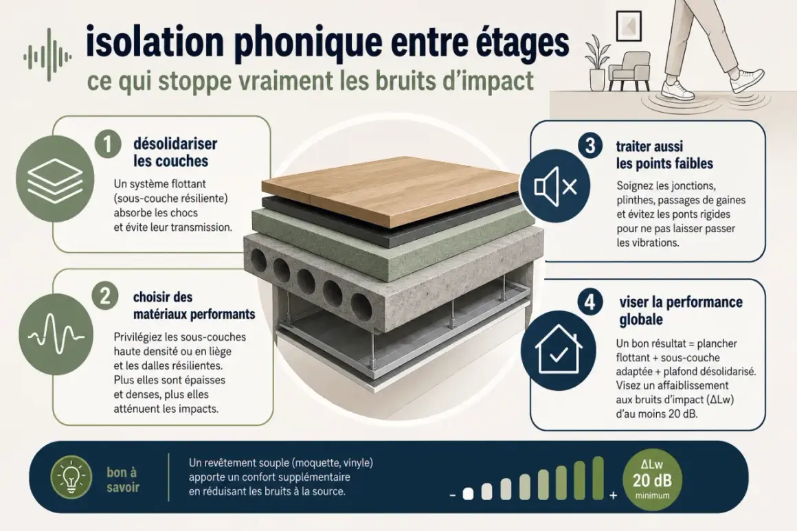 Stratification pour l'isolation phonique sol : désolidariser, choisir matériaux performants, traiter points faibles et viser performance globale pour réduire bruits d'impact.