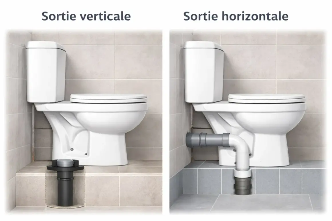 Schéma installation WC : sortie verticale avec évacuation au sol, sortie horizontale avec raccordement mural.