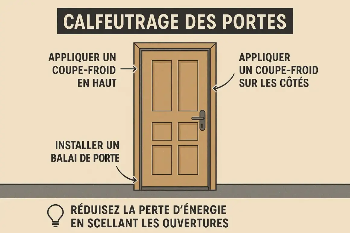 Illustration montrant comment isoler une porte : appliquer un coupe-froid en haut et sur les côtés, installer un balai de porte pour réduire la perte d'énergie.