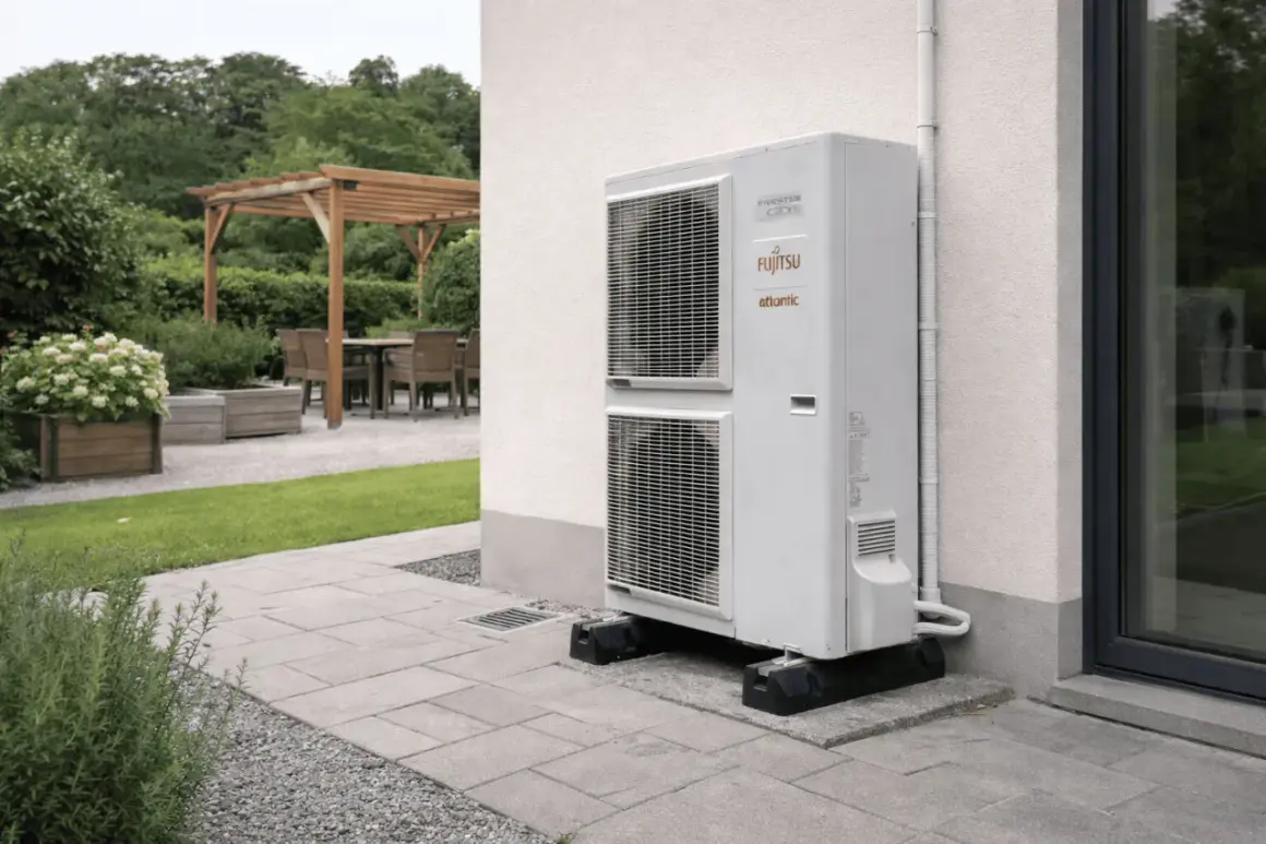 Unité extérieure d'une pompe à chaleur Fujitsu Atlantic, installée sur une terrasse. L'image suggère la fiabilité et la longue durée de vie d'une pompe à chaleur.
