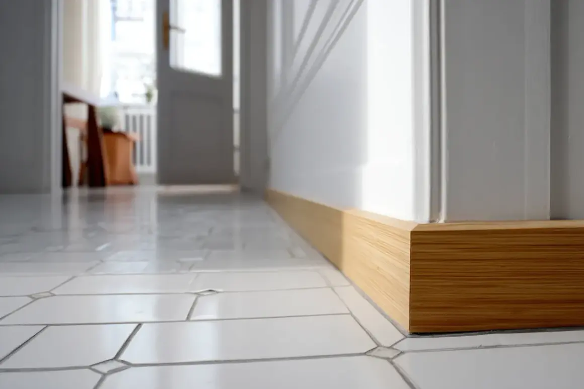 Pose de plinthe en bois clair, finition impeccable sur un sol carrelé blanc. La lumière du jour met en valeur le travail.