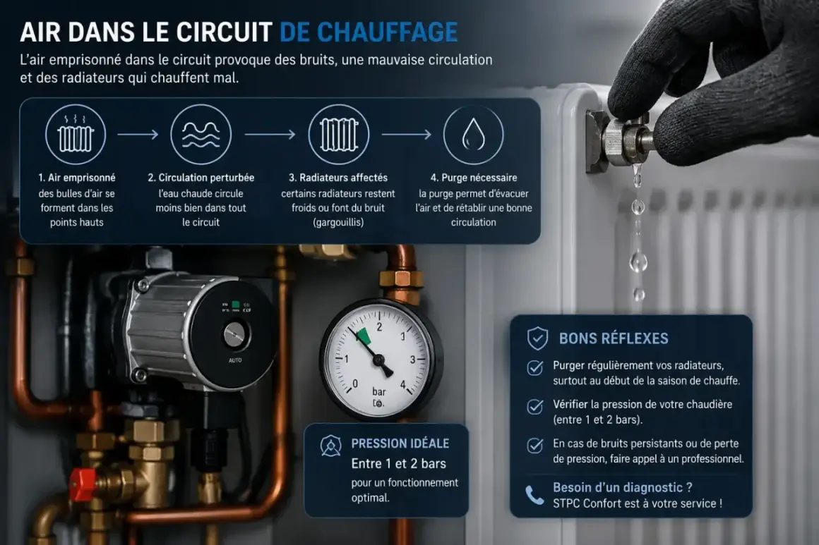 Schéma expliquant l'air dans le circuit de chauffage, avec une pompe, un manomètre et une purge de radiateur. Le **vase d'expansion chaudière** est essentiel pour le bon fonctionnement.