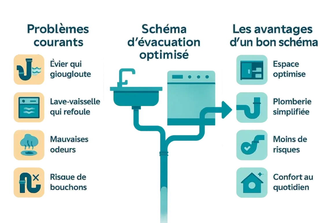 Schéma d'évacuation optimisé pour une plomberie de cuisine sans soucis : moins de bouchons, d'odeurs et de refoulements.