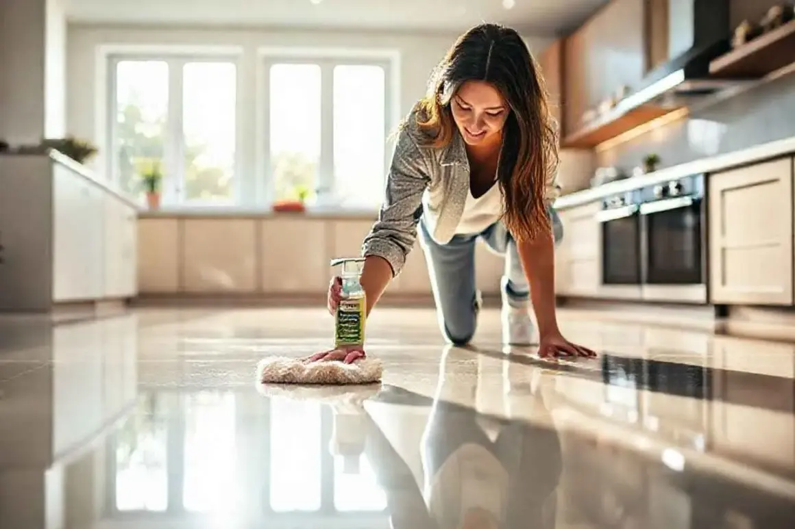 Une femme nettoie son carrelage avec un produit qui le fait briller. Le sol reflète la lumière, signe du meilleur produit pour faire briller le carrelage.