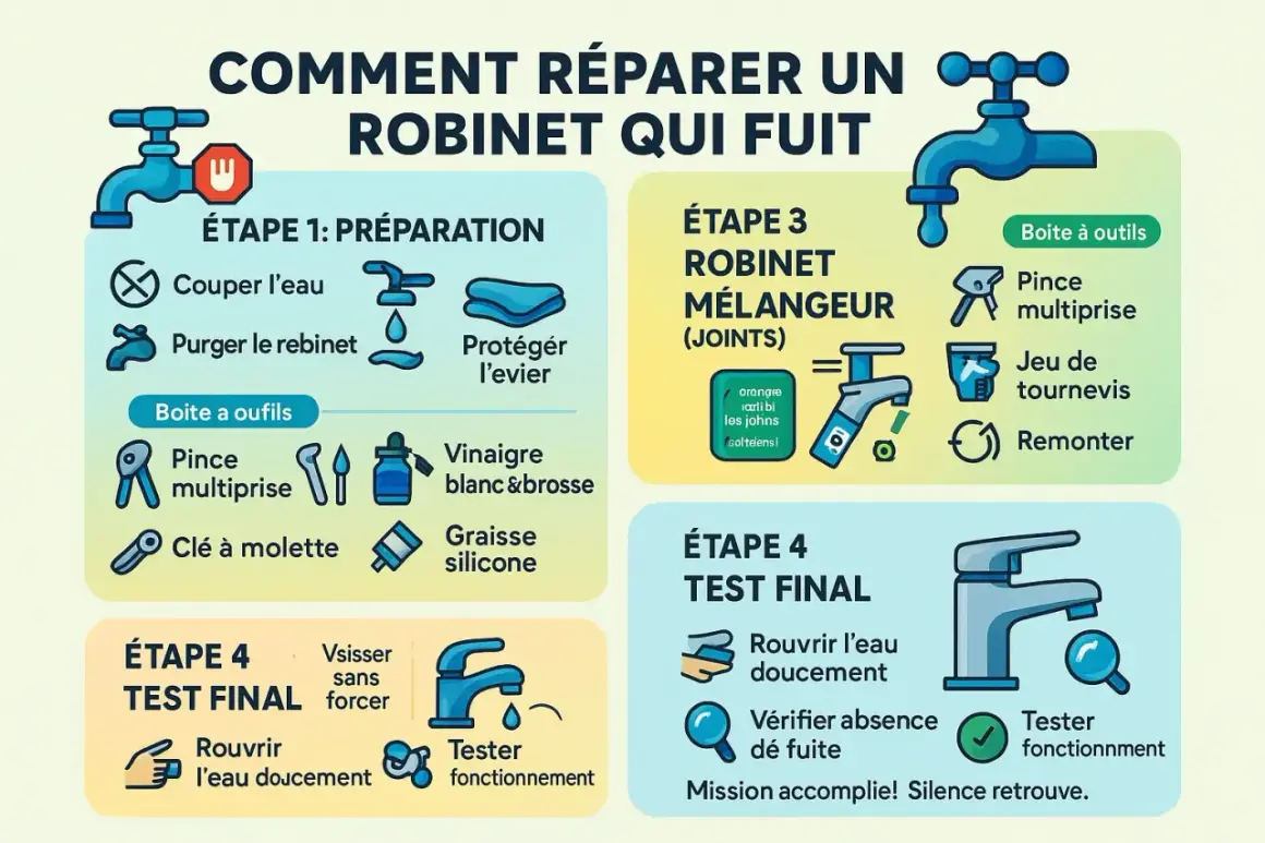 Guide illustré pour réparer un robinet de salle de bain qui fuit. Étapes : préparation, robinet mélangeur, et test final.