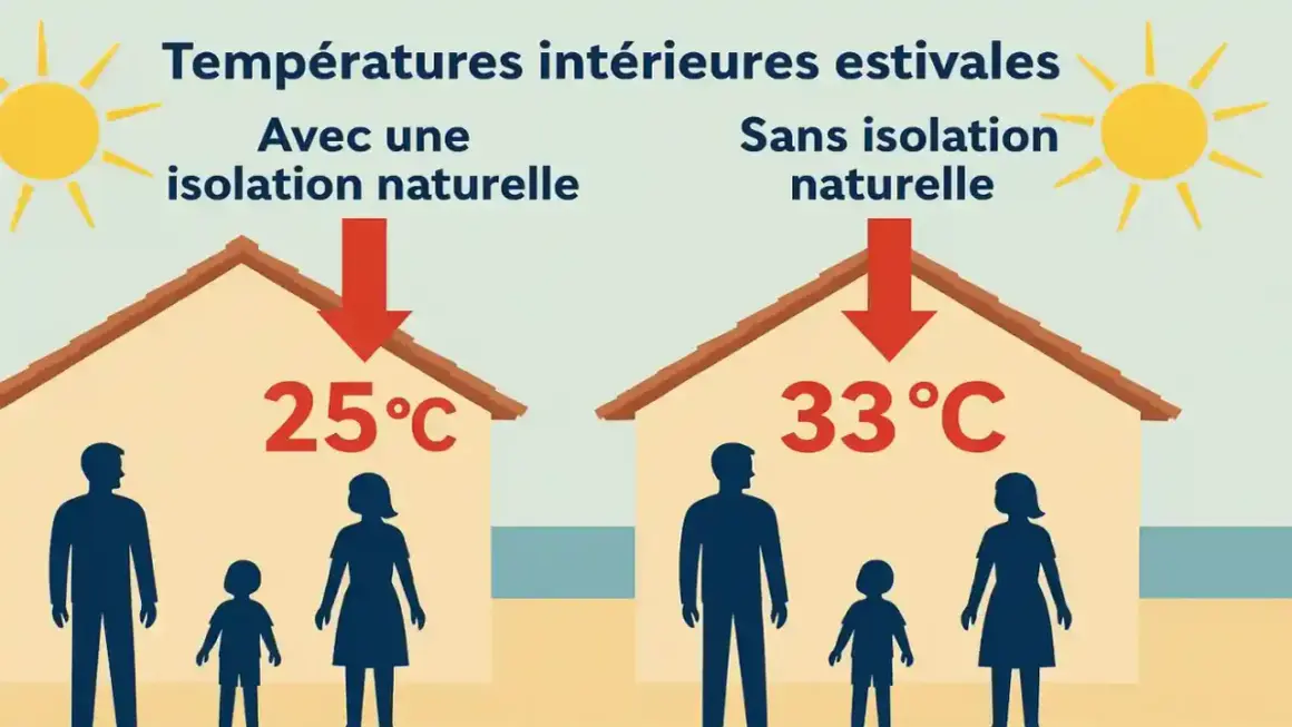 Deux maisons sous le soleil : l'une à 25°C avec isolation, l'autre à 33°C sans. L'inertie thermique protège du chaud.