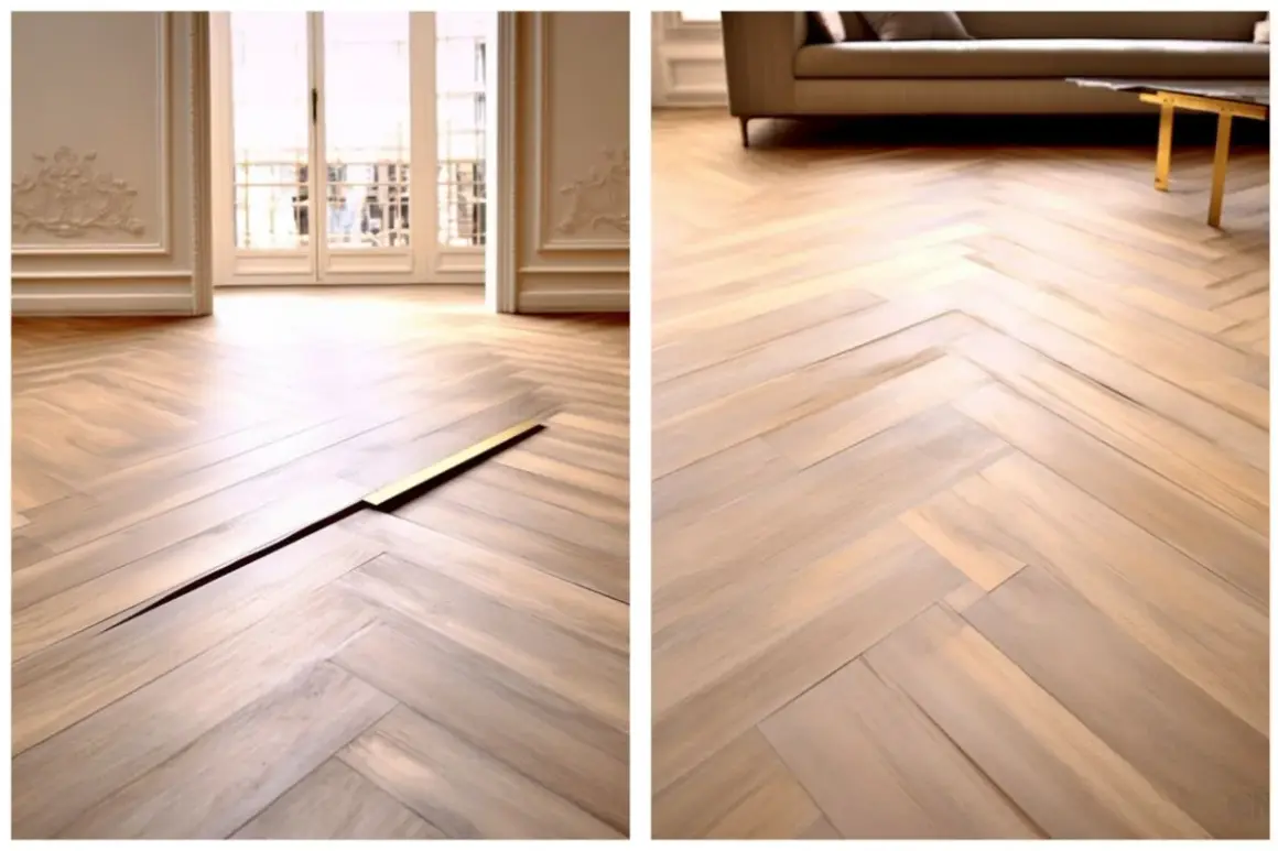 Un beau parquet en chevrons montre des signes de gondolage, avec des lames qui se soulèvent et créent des espaces.