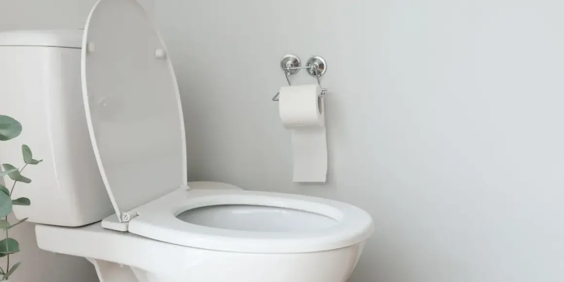 Un WC blanc au couvercle ouvert, prêt pour l'évacuation des eaux usées. Un rouleau de papier toilette est accroché au mur.