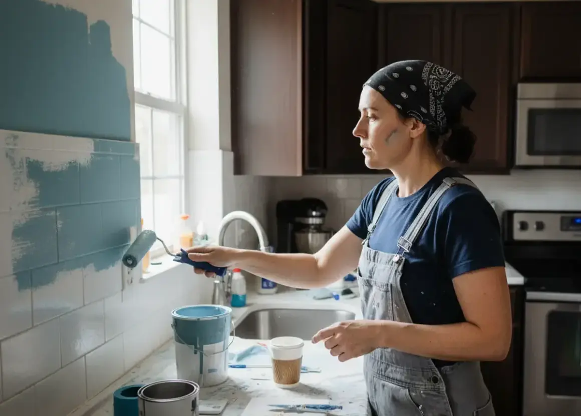 Une femme peint son carrelage mural de cuisine en bleu clair. Elle utilise un rouleau pour appliquer la peinture, cherchant la meilleure peinture pour carrelage mural cuisine.