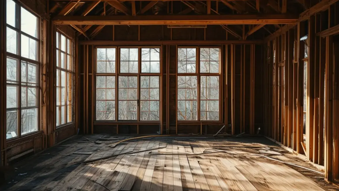 Intérieur d'une maison en construction, bois apparent, fenêtres donnant sur des arbres. Le **traitement charpente avant isolation** est visible.