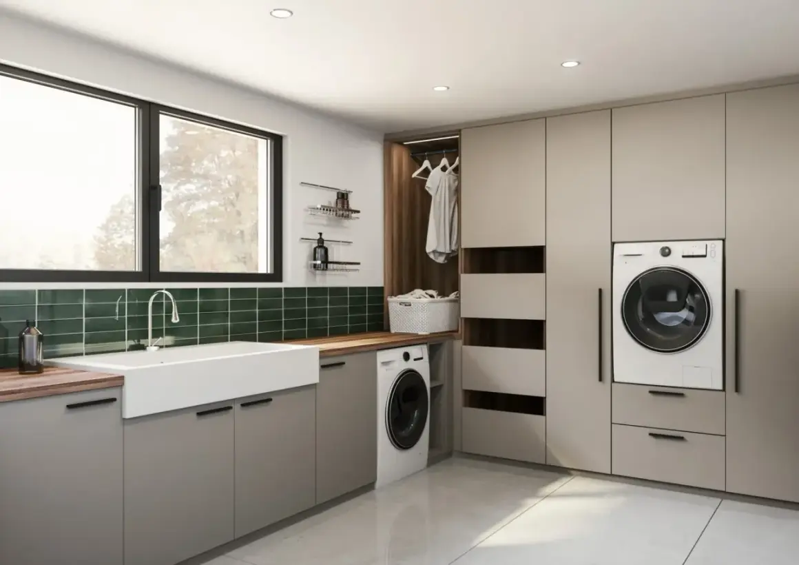 Aménagement buanderie moderne avec évier, lave-linge, rangements intégrés et une penderie ouverte.