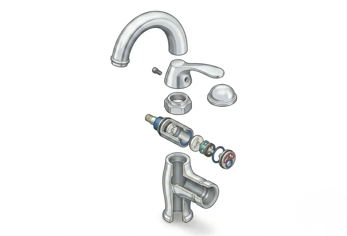 Pièces détachées d'un robinet, montrant comment changer cartouche mitigeur.