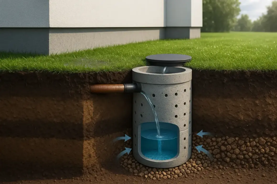 Système de puisard pour l'évacuation eau de pluie. L'eau s'infiltre dans le sol via un puits perforé.