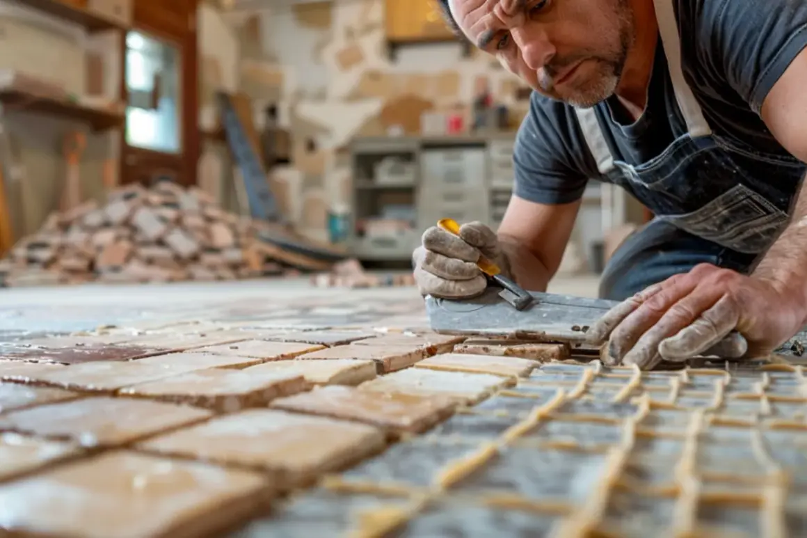 Un artisan concentré utilise un outil pour enlever le carrelage ancien, préparant le sol pour une nouvelle pose.