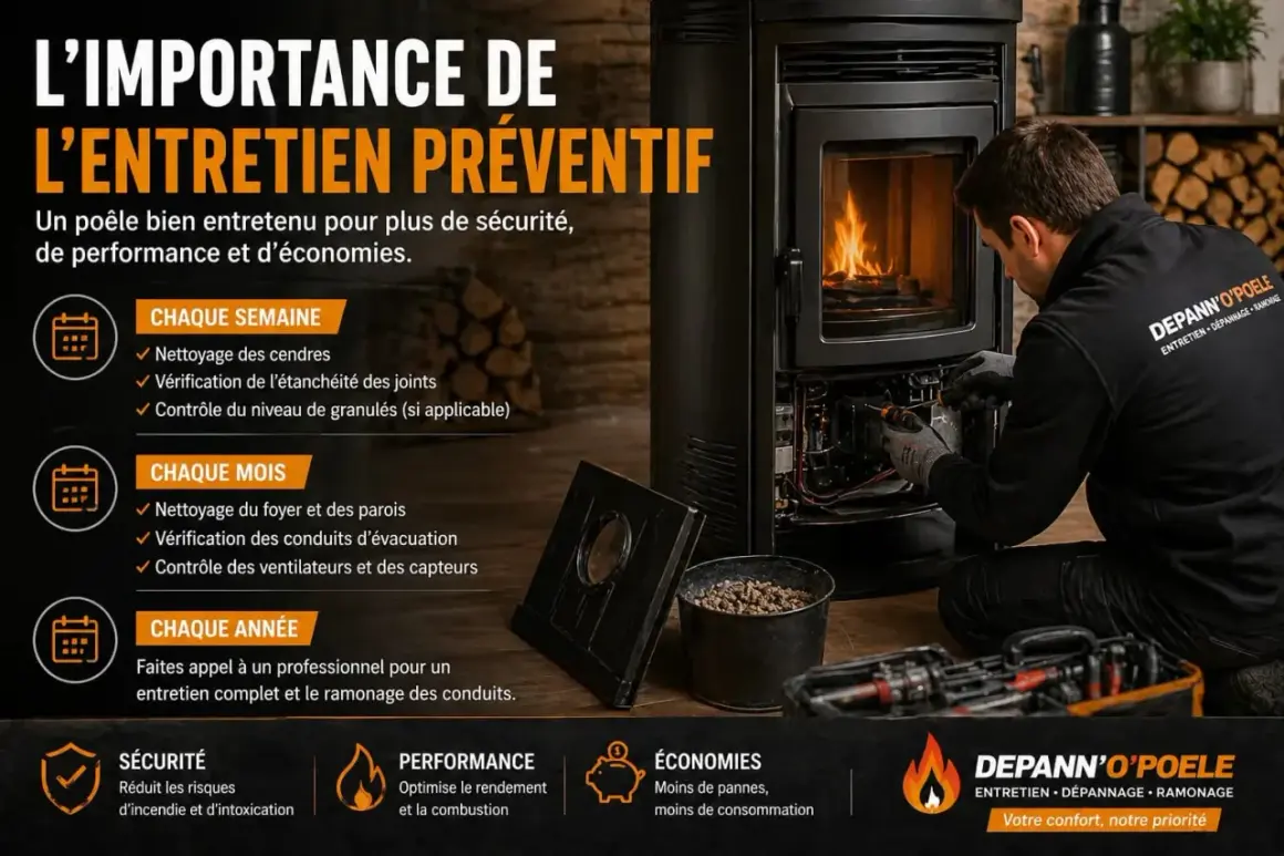 Un technicien vérifie un poêle à granulés, soulignant l'importance de l'entretien préventif et du ramonage annuel pour la sécurité et la performance.