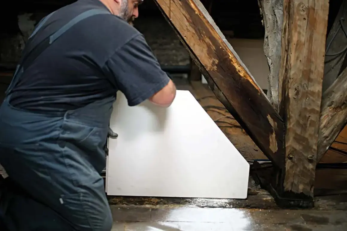 Un ouvrier installe un cloison carreau de plâtre blanc près d'une poutre en bois ancienne.
