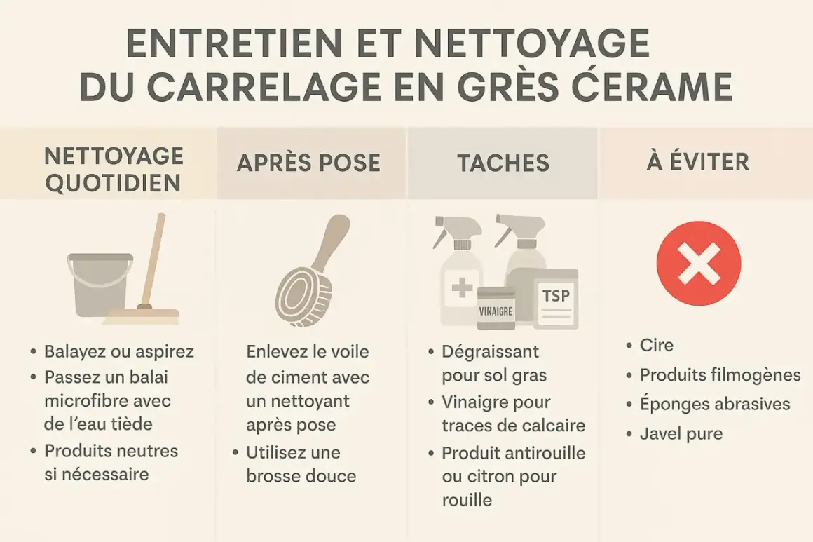 Image d'entretien de carrelage : une trace de pas sur carrelage mat, avec des conseils de nettoyage et des produits à éviter.