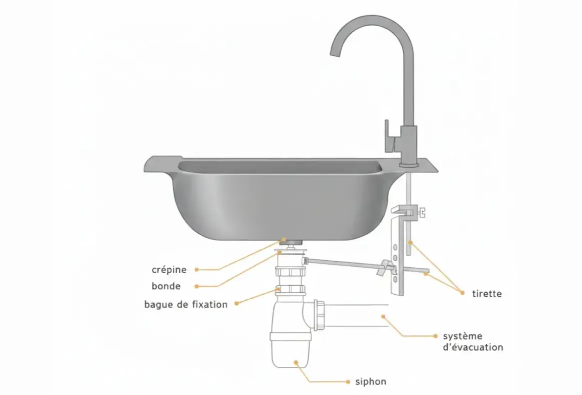Schéma d'un évier de cuisine montrant le montage du robinet et du système d'évacuation, utile pour changer mitigeur cuisine.