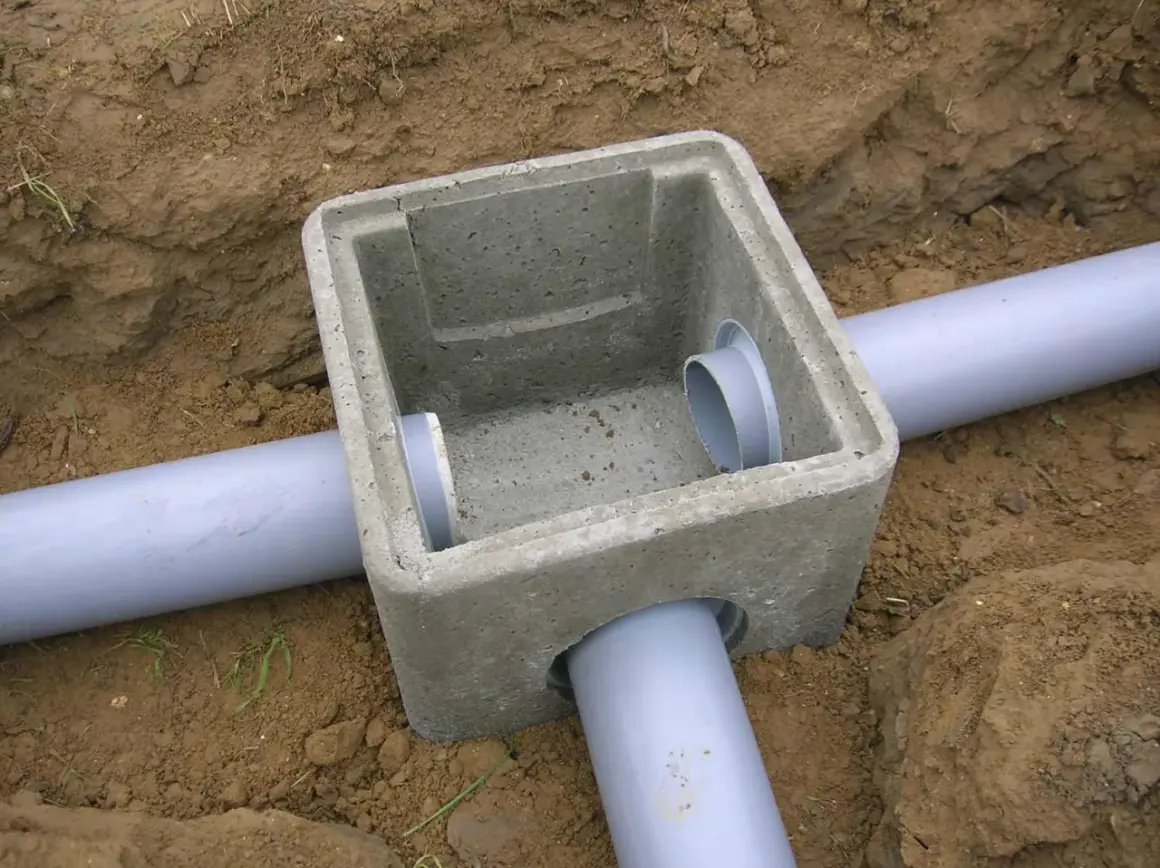 Pose regard béton pour l'eau pluviale, avec des tuyaux gris en PVC installés dans la terre.