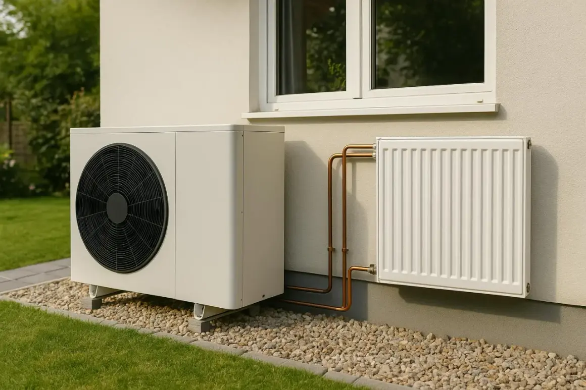 Unité extérieure d'une pompe à chaleur haute température, connectée à un radiateur blanc par des tuyaux de cuivre.