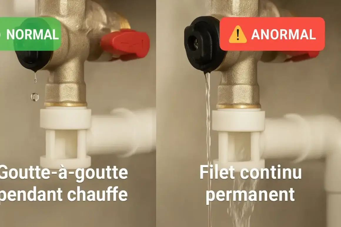 Comparaison : goutte à goutte normal pendant le chauffage vs. filet continu anormal. Un groupe de sécurité est essentiel pour éviter les fuites.