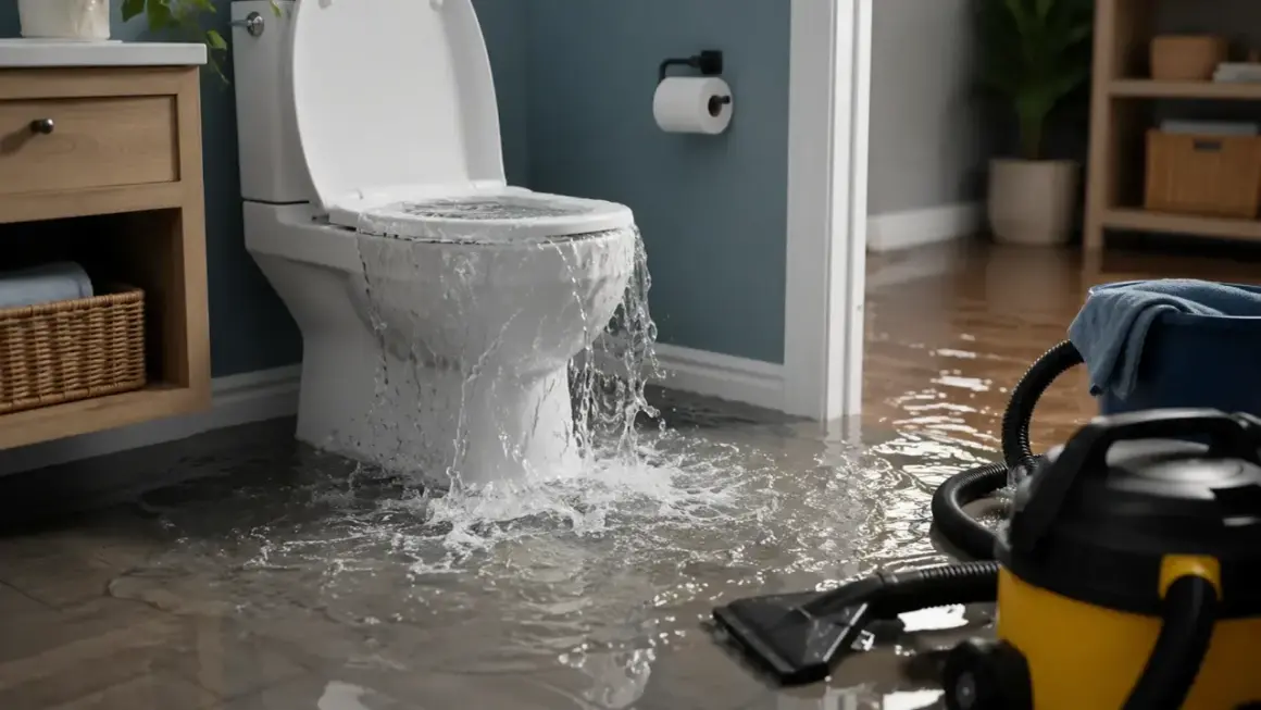 Toilettes qui débordent, inondant la salle de bain. Un aspirateur eau et poussière est prêt pour aider à comment vider l'eau des toilettes.