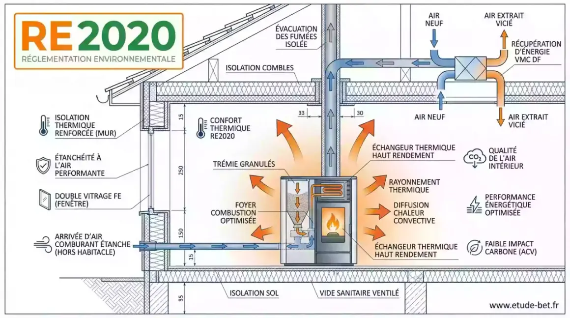Schéma d'une maison RE2020 : poêle à bois avec conduit isolé, échangeur thermique, VMC double flux et isolation renforcée.