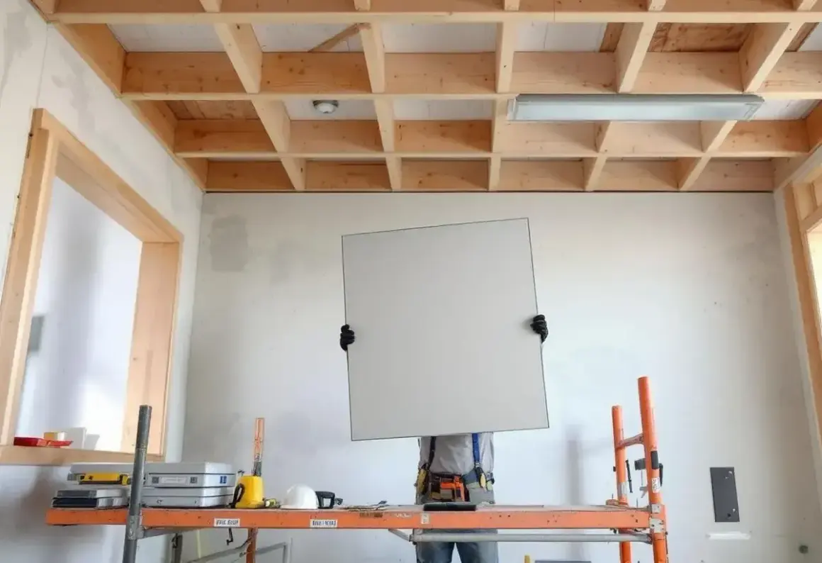 Un ouvrier sur un échafaudage s'apprête à poser une plaque pour faire un faux plafond. La structure en bois est visible.