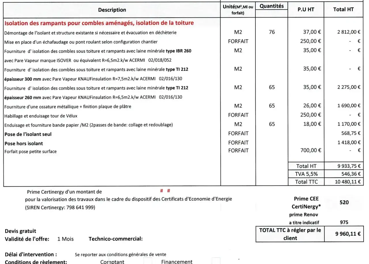 Devis d&eacute;taill&eacute; pour l'isolation des rampants et de la toiture, incluant le prix de l'isolation des combles et les primes CertiNergy.