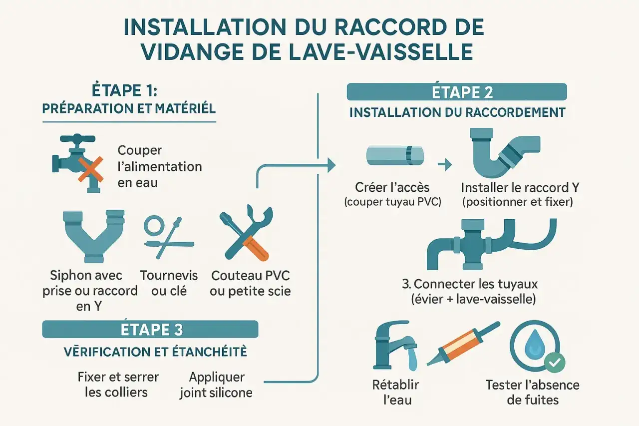 Guide d'installation pour la plomberie cuisine : raccorder le lave-vaisselle. &Eacute;tapes : pr&eacute;paration, installation du raccord Y, connexion des tuyaux, v&eacute;rification d'&eacute;tanch&eacute;it&eacute;.