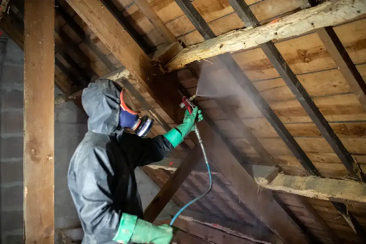 Person en combinaison et masque pulvérise un produit sur la charpente en bois, étape essentielle pour traiter charpente avant isolation.