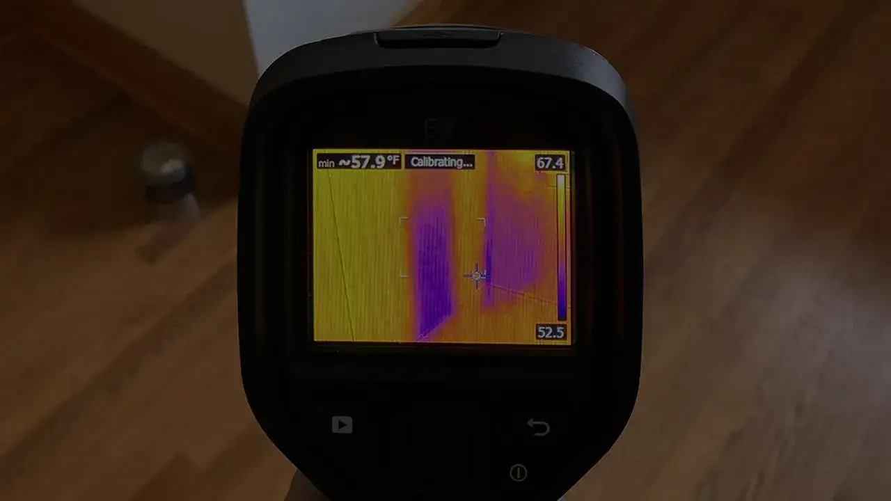 Caméra thermique affichant des zones froides sur un mur, utile pour un audit énergétique de maison.