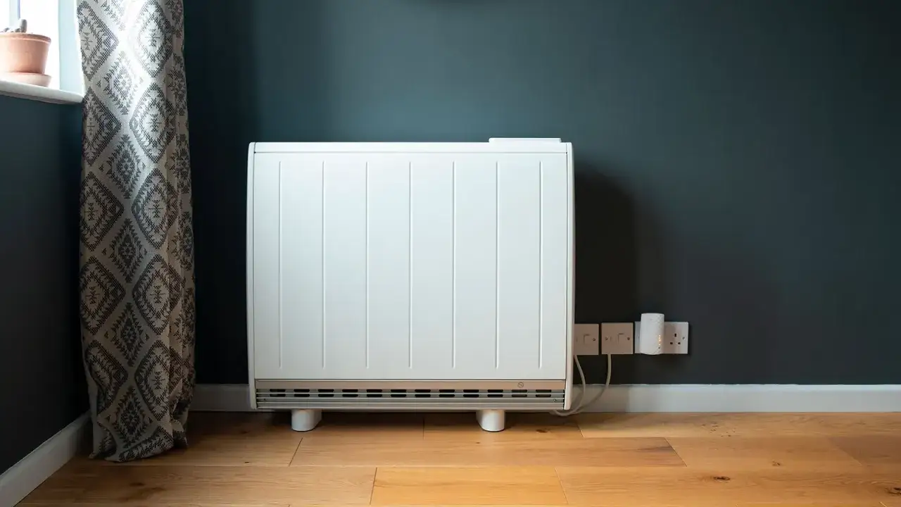 Un radiateur blanc, moderne et élégant, est branché sur des prises murales. Il s'agit d'un exemple de radiateurs basse consommation, parfait pour chauffer votre intérieur.