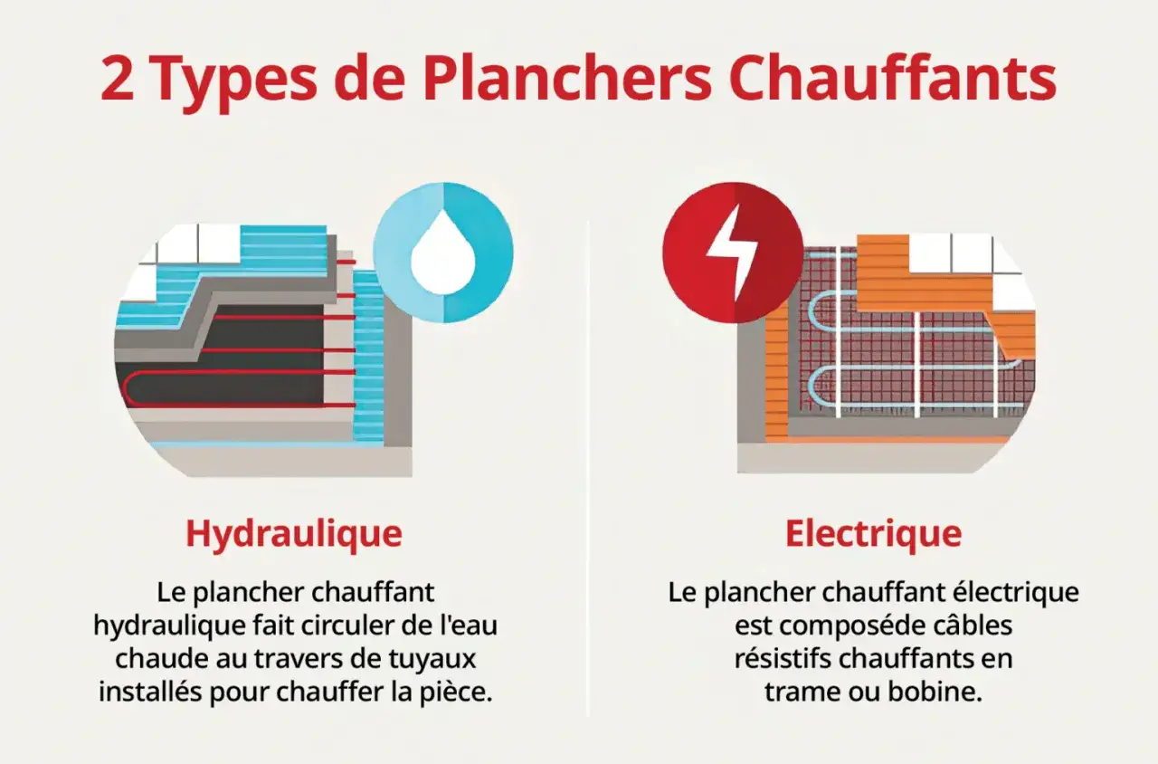 Comparaison des syst&egrave;mes de plancher chauffant : hydraulique avec tuyaux d'eau et &eacute;lectrique avec c&acirc;bles chauffants. Le cout plancher chauffant varie selon le type.