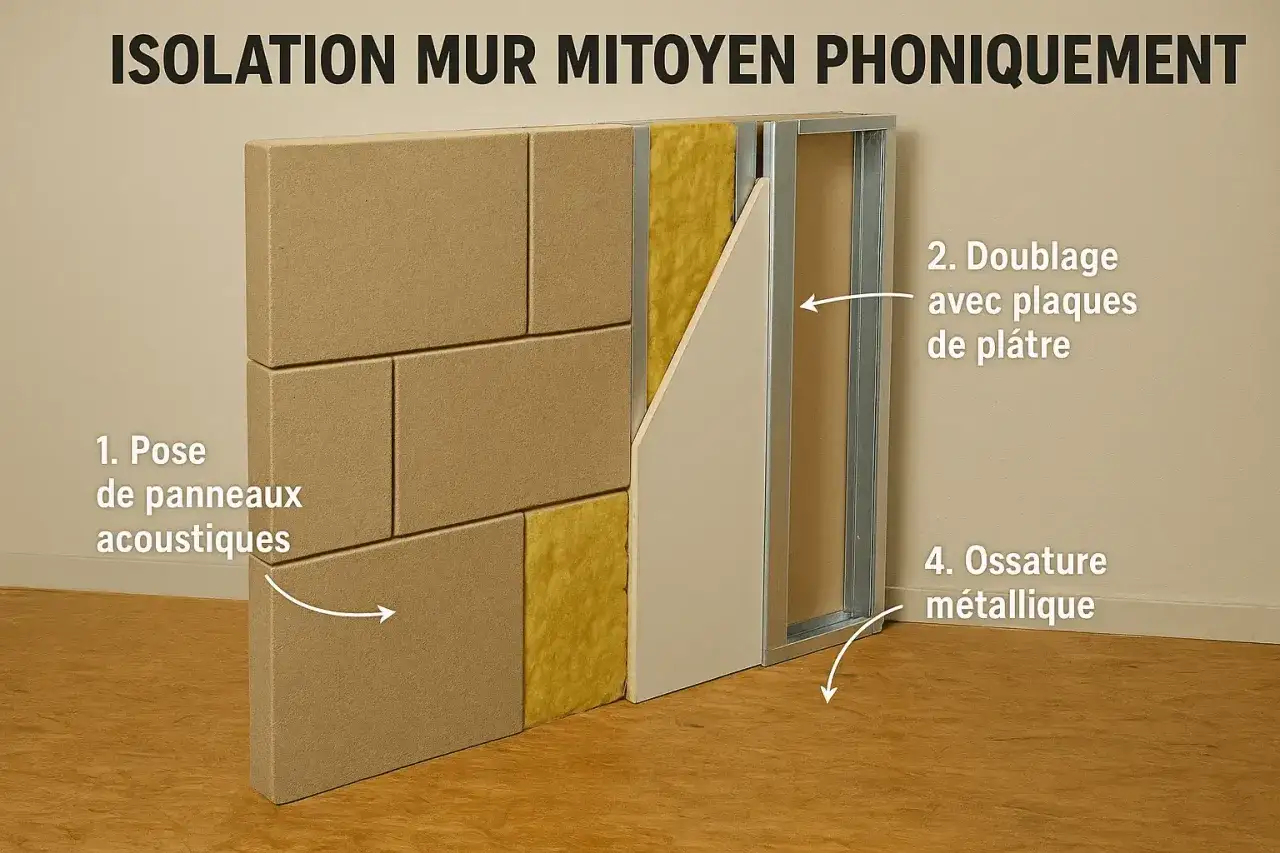 Isolation phonique mur mitoyen : panneaux acoustiques, laine min&eacute;rale, ossature m&eacute;tallique et plaques de pl&acirc;tre.