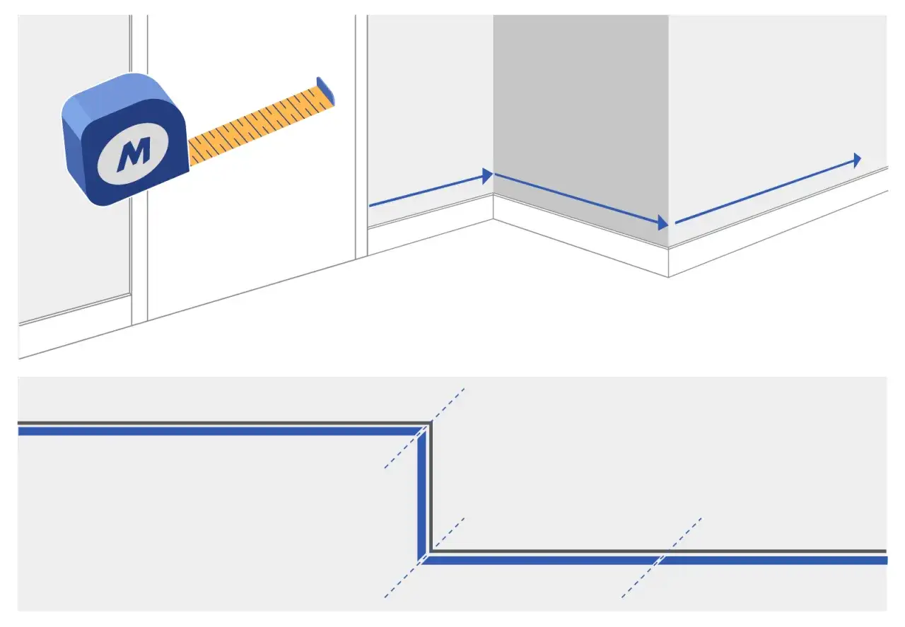 Illustration montrant un m&egrave;tre ruban et des fl&egrave;ches indiquant les mesures pour la pose de plinthe dans un coin de pi&egrave;ce.