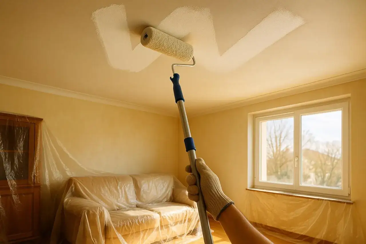 Une main gantée utilise un rouleau pour peindre un plafond en blanc, transformant la pièce. Le canapé et les meubles sont protégés par des bâches.