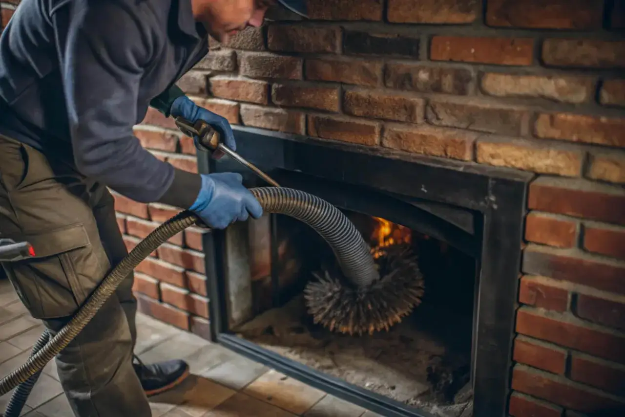 Un professionnel effectue le ramonage d'une chemin&eacute;e avec une brosse et un aspirateur pour assurer la s&eacute;curit&eacute; et l'efficacit&eacute;.