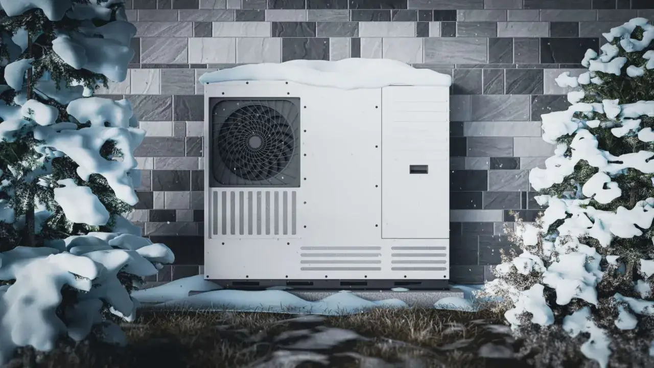 Une pompe à chaleur grand froid, recouverte de neige, face à un mur de briques. Avis sur sa performance hivernale.