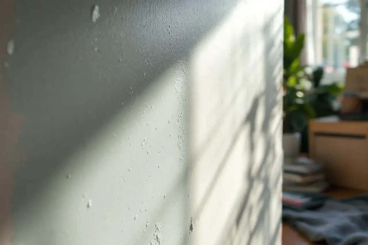 Mur gris avec des bulles et des défauts, ombres de fenêtres. Comment rattraper une peinture mal faite.