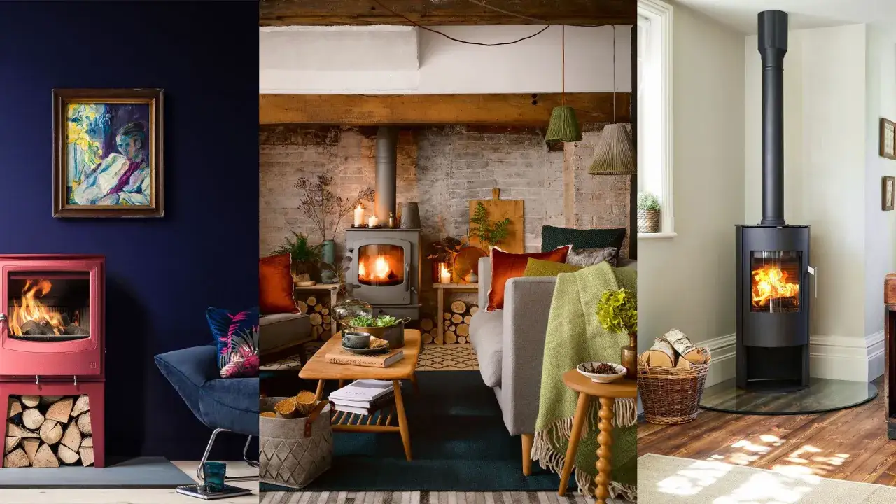 Trois salons cosy avec poêles à bois crépitants. Un rouge vif, un gris industriel et un noir moderne, tous promettant un doux chauffage bois.